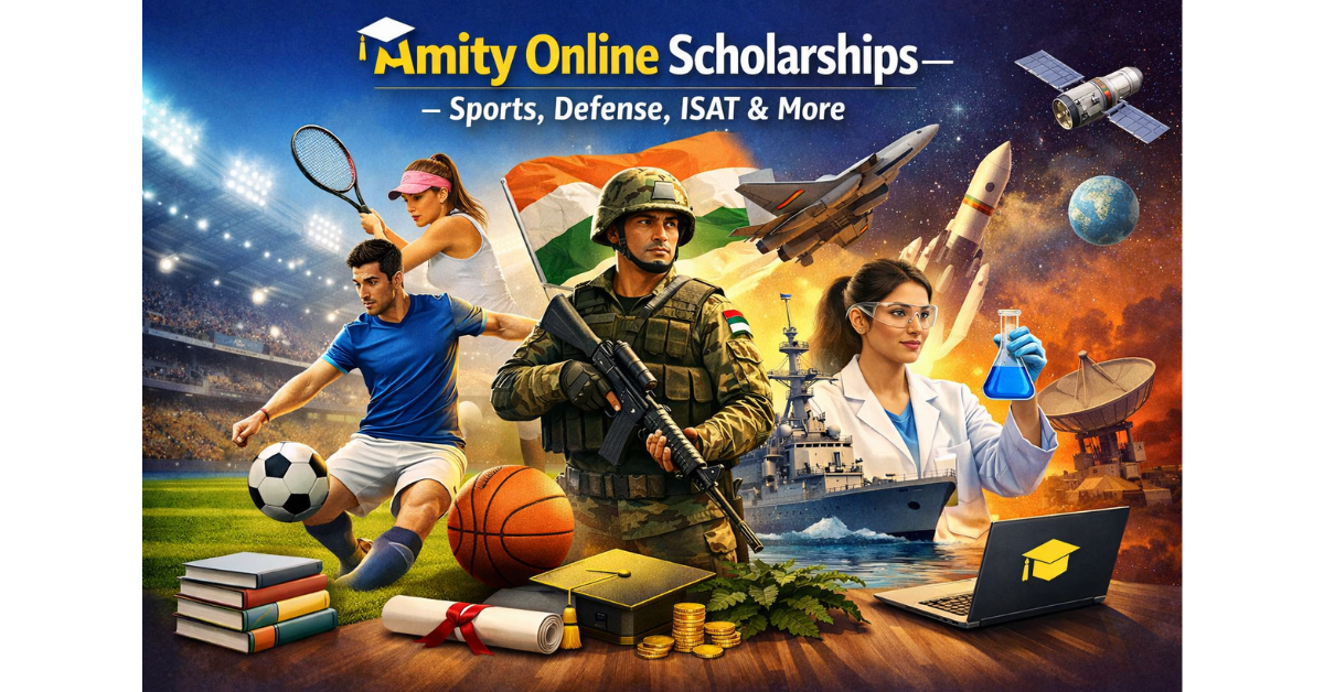 Promotional banner for Amity Online Scholarships featuring a football player, tennis player, Indian defense soldier, scientist in a lab, rocket launch, satellite, naval ship, books, graduation cap, and Indian flag, highlighting scholarships for sport
