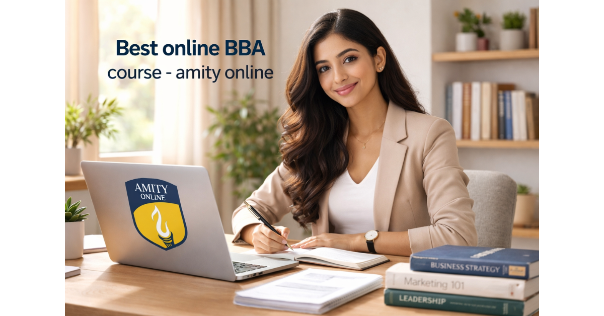 Student doing BBA Online from Amity University on a laptop at a study desk